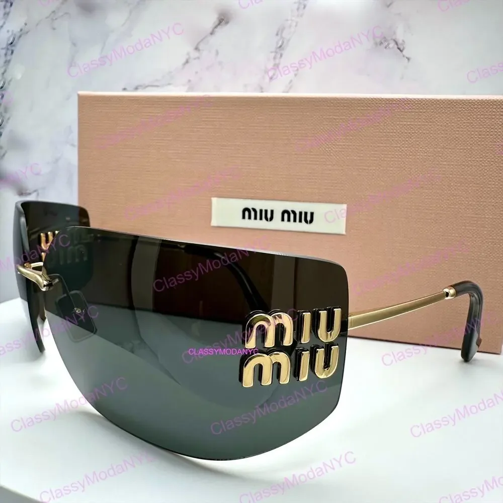 New MIU MIU Sunglasses Gold Rimless Wrap Square Oversized MIU MIU Logo Italy